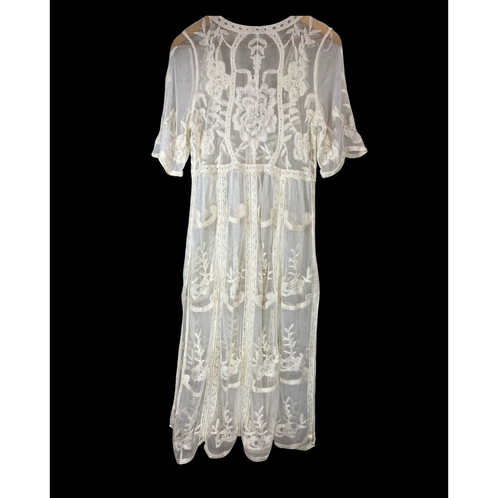 Woven Heart Ivory Floral Embroidered Sheer Mesh Maxi Dress Boho Duster Large - Picture 5 of 9